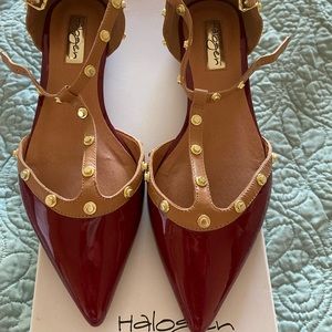 Halogen pointy toe studded T-strap in dark red patent